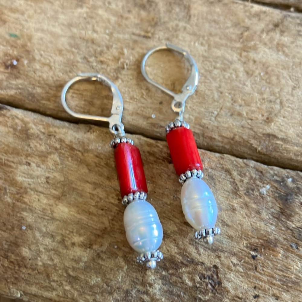 Coral and Pearl Earrings Freshwater Handmade Dangle lever back lightweight